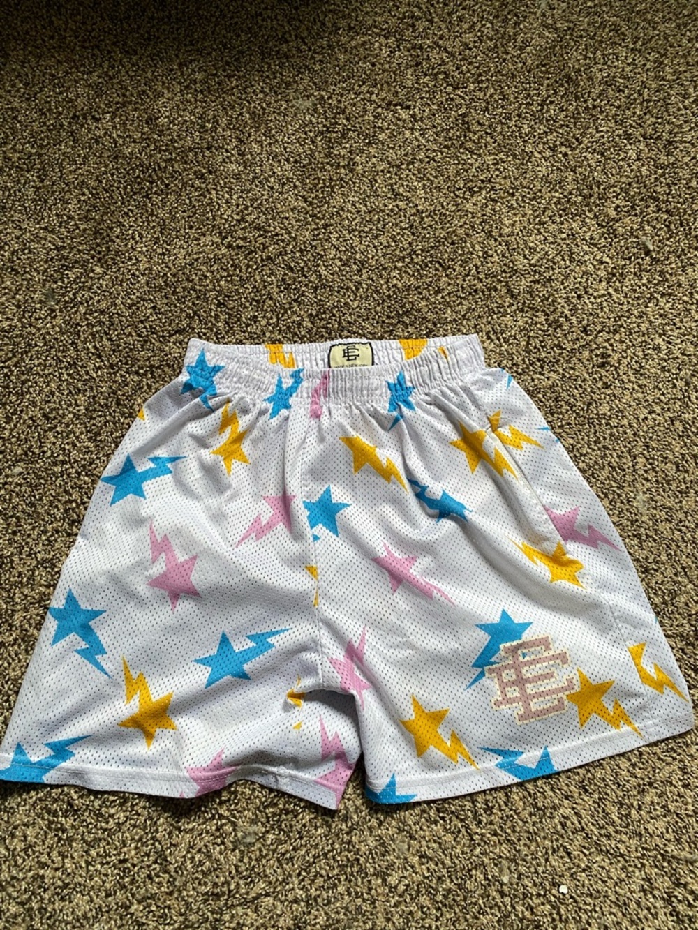 Men's Athletic Mesh Shorts with Blue, Yellow & Pink Star Print